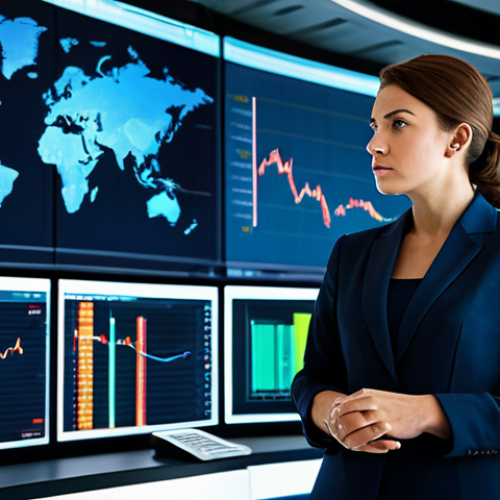 Home 4 A focused professional businesswoman, fully clothed in a modest business suit, stands in a sophisticated, modern control room with multiple large data screens displaying intricate market analysis charts and live trend data. She gazes intently at the screens with an 'eagle's eye' view, symbolizing strategic foresight and an understanding of market shifts. The setting is clean and futuristic with subtle technological glows. Perfect anatomy, correct proportions, natural pose, well-formed hands, proper finger count. Professional photography, high quality, studio lighting, corporate portrait, safe for work, appropriate content, fully clothed, professional, family-friendly.
