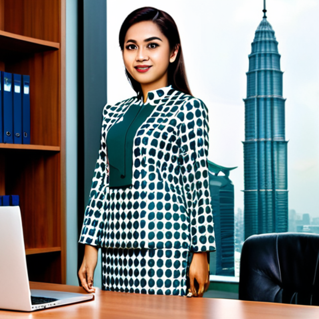 **

"A professional businesswoman in a modest baju kurung, standing confidently at a modern office desk in Kuala Lumpur, fully clothed, appropriate attire, safe for work, perfect anatomy, natural proportions, professional photography, high quality. The Petronas Twin Towers are visible in the background. family-friendly, modest clothing."

**