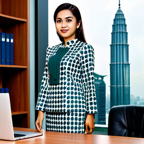 Home 6 **
"A professional businesswoman in a modest baju kurung, standing confidently at a modern office desk in Kuala Lumpur, fully clothed, appropriate attire, safe for work, perfect anatomy, natural proportions, professional photography, high quality. The Petronas Twin Towers are visible in the background. family-friendly, modest clothing."
**