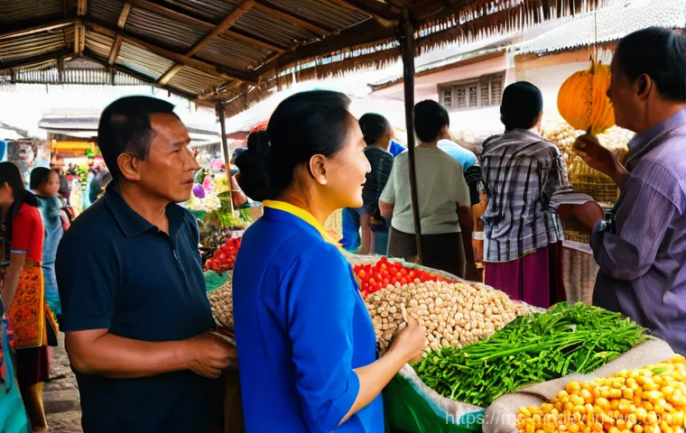 신시장 진입을 위한 시장 기회 평가 - **Prompt:** A vibrant, bustling outdoor market scene in Southeast Asia, with a diverse group of loca...