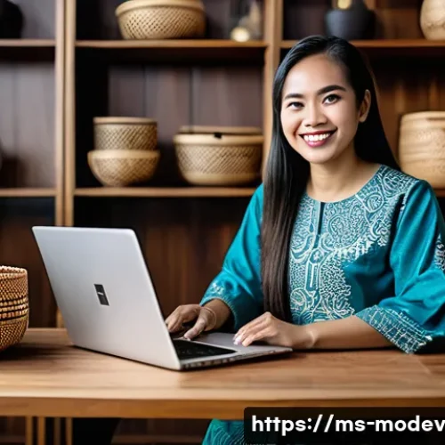Home 30 시장 기회 평가 모델의 적용 산업군 - **Prompt:** A vibrant, wide-angle shot of a young, smiling Malaysian female entrepreneur, dressed in...