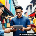 Home 16 시장 기회 평가 모델을 위한 교육 자료 - A detailed modern Malaysian urban market scene showcasing diverse people engaging in digital commerc...