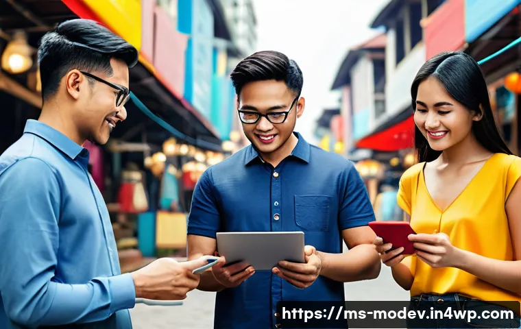 시장 기회 평가 모델을 위한 교육 자료 - A detailed modern Malaysian urban market scene showcasing diverse people engaging in digital commerc...
